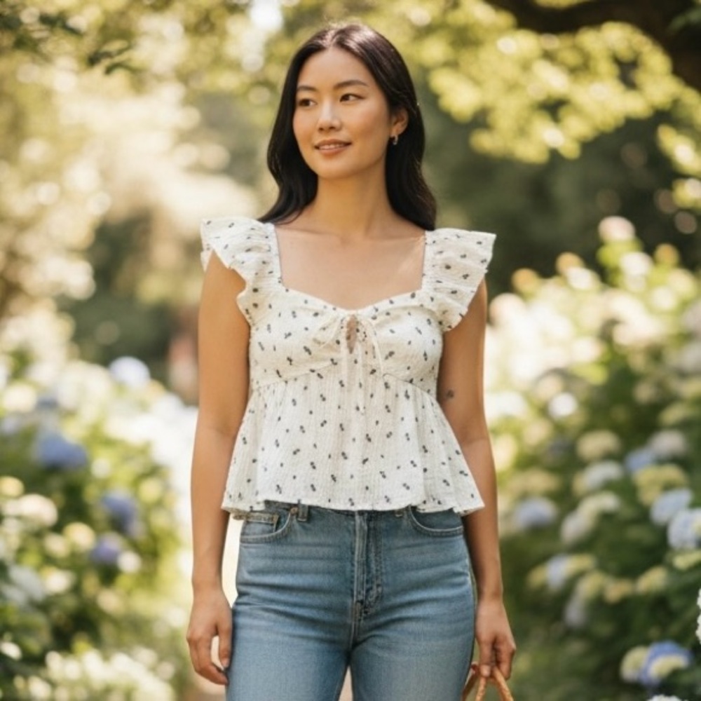H&M Cream Crinkled Flutter-Sleeved Top Size M
